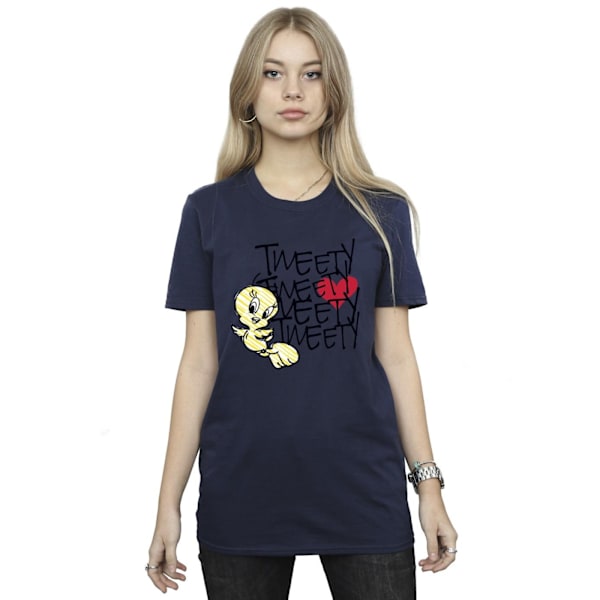 Looney Tunes Dam/Damer Tweety Love Heart Bomull Boyfriend T Navy Blue S