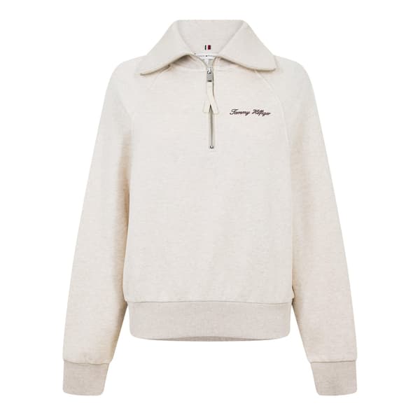 Tommy Hilfiger Dam Curve Classic Script Zip Neck Raglan Oatmilk Heather 10 UK