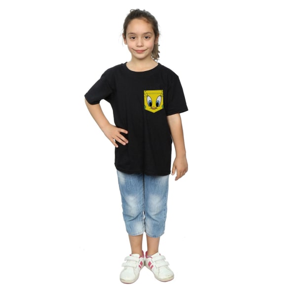 Looney Tunes Girls Tweety Pie Face Faux Pocket T-shirt i bomull 9 Black 9-11 Years