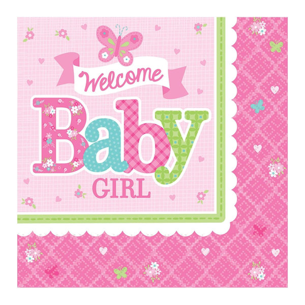 Amscan Welcome Baby Girl engångsservetter (paket med 16) One Si Pink One Size