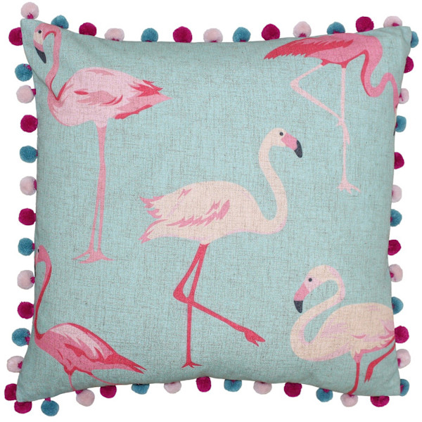 Riva Home Flamingo Pom Pom Edged Square Cushion Cover 50 x 50cm Duck Egg 50 x 50cm