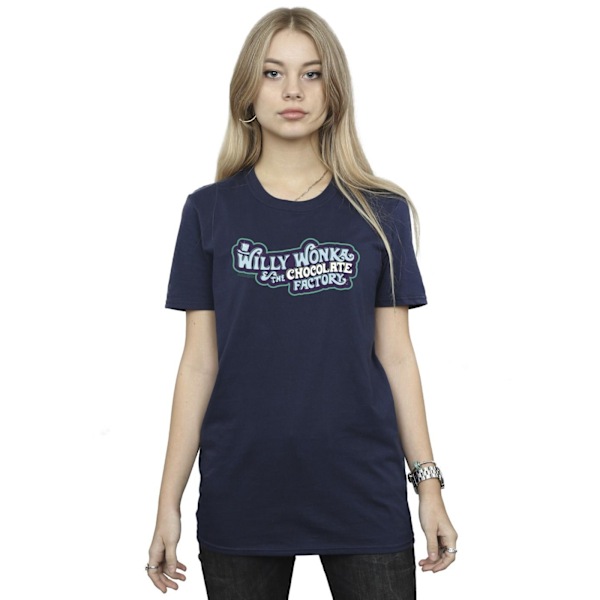 Willy Wonka Dam/Damer Chokladfabrik Logotyp Bomull Boyfriend T-shirt XXL Marinblå Navy Blue XXL