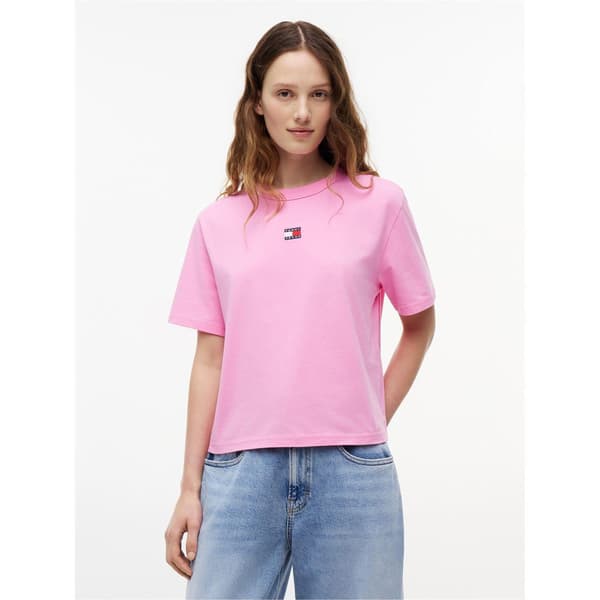 Tommy Jeans Dam Broderad Logotyp Bomull Croppad T-shirt Pink 14 UK