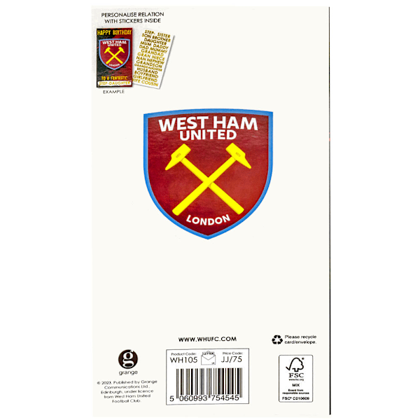 West Ham United FC Personlig födelsedagskort En storlek Claret R Claret Red/Yellow/Black One Size