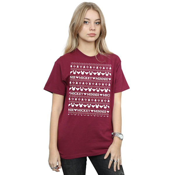 Disney Dam/Damer Mickey Och Minnie Jul Fair Isle Bomull Boyfriend T-Shirt L Bourgogne Burgundy L