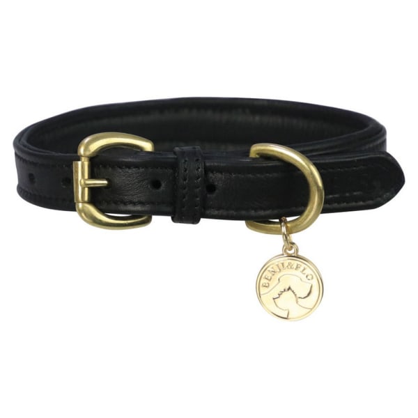 Benji & Flo Deluxe läder vadderat hundhalsband XL- Längd: 51cm-6 Black/Brass XL- Length: 51cm-65cm