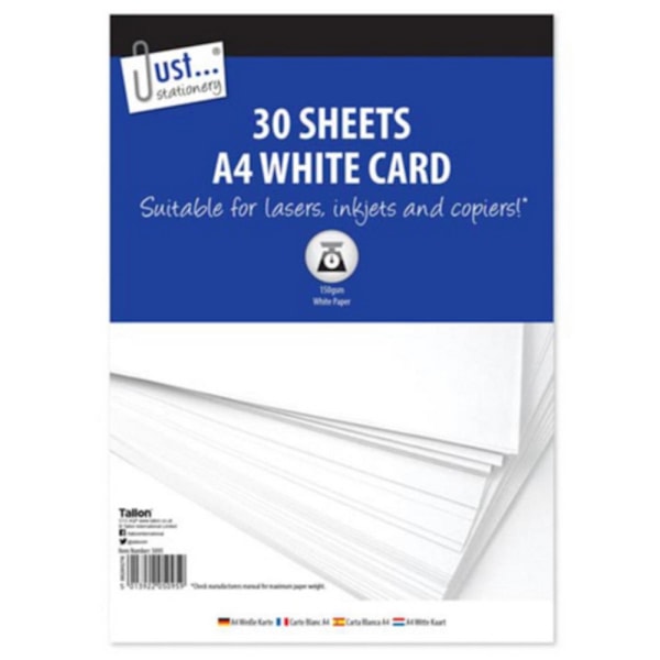 Just Stationery 30 X 150 GSM Ark A4 Vita Kort Paket Om 30 P White Pack Of 30