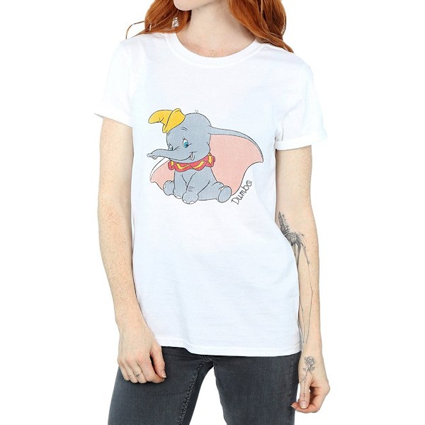 Dumbo Dam T-shirt för kvinnor/damer i klassisk bomull, pojkvänmodell, storlek L, vit White L