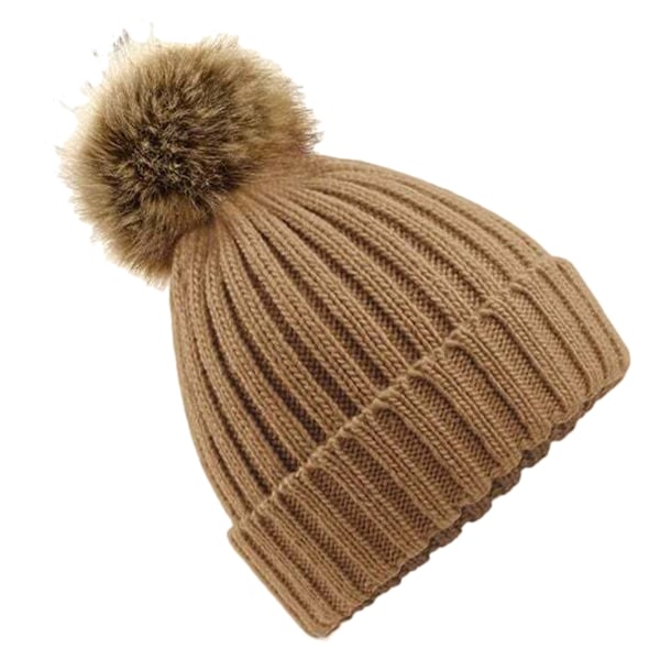 Beechfield Pom Pom Faux Fur Chunky Knit Beanie One Size Biscuit Biscuit One Size