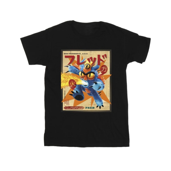 Disney Girls Big Hero 6 Baymax Fred Newspaper bomull T-shirt 7- Black 7-8 Years