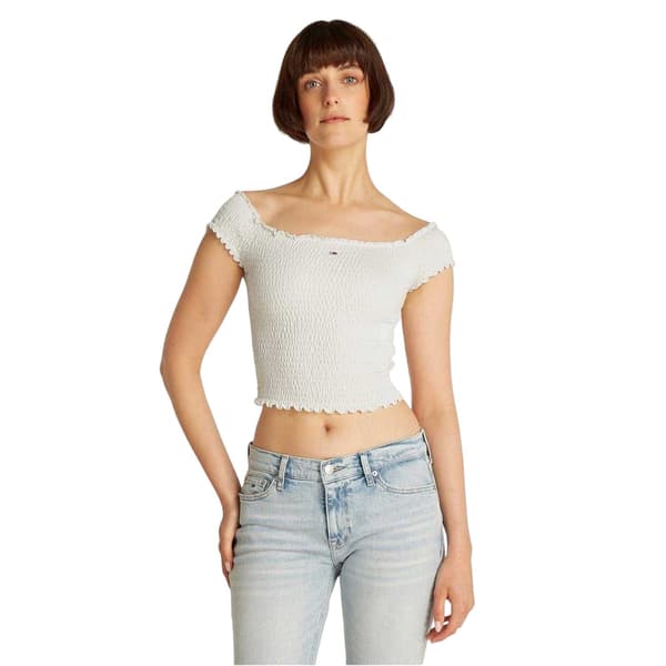 Tommy Jeans Dam Mini Logo Off Shoulder Slim Smock Top Ecru 12 UK