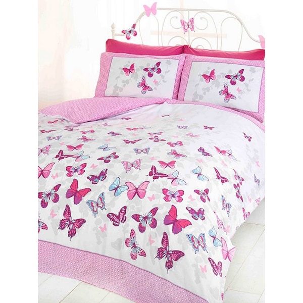 Flutter Butterfly Påslakan Set Enkelsäng Vit/Rosa/Grå White/Pink/Grey Single