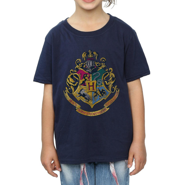 Harry Potter T-shirt i bomull med Hogwarts-vapen för flickor, 5-6 år, marinblå Navy Blue 5-6 Years