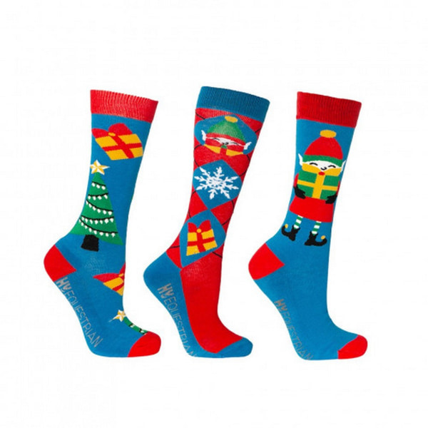 Hy Childrens/Kids Jolly Elves Christmas Socks (paket med 3) 8-12 Winter Blue/Festive Red 8-12 Years