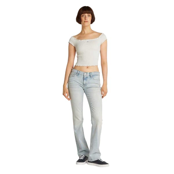 Tommy Jeans Dam Mini Logo Off Shoulder Slim Smock Topp Ecru 14 UK
