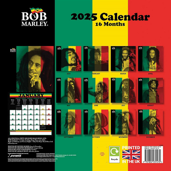 Bob Marley 2025 Kvadratisk Väggkalender En Storlek Flerfärgad Multicoloured One Size