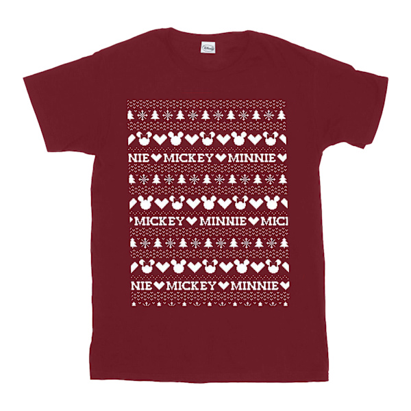 Disney Dam/Damer Mickey Och Minnie Jul Fair Isle Bomull Boyfriend T-Shirt M Bourgogne Burgundy M