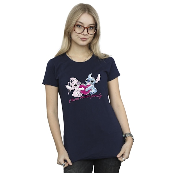 Disney Dam/Kvinnor Lilo Och Stitch Ohana Hjärta Med Angel Bomull T-shirt Navy Blue M