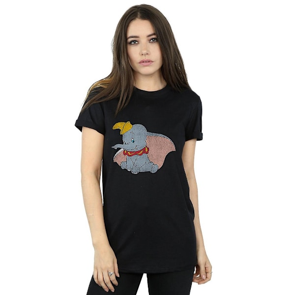 Dumbo Dam T-shirt för kvinnor/damer i klassisk bomull, pojkvänmodell, S, svart Black S