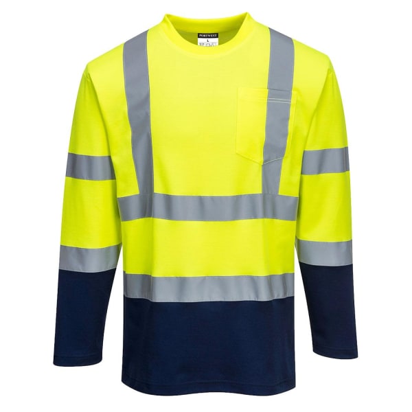 Portwest Herr Kontrast Bomull Hög Synlighet Komfort Långärmad T-shirt Yellow/Navy 3XL