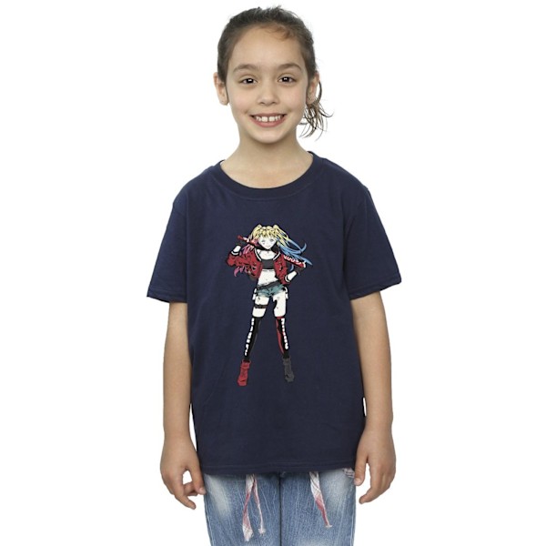 DC Comics Girls Harley Quinn Stående Pose Bomull T-shirt 7-8 år Navy Blue 7-8 Years