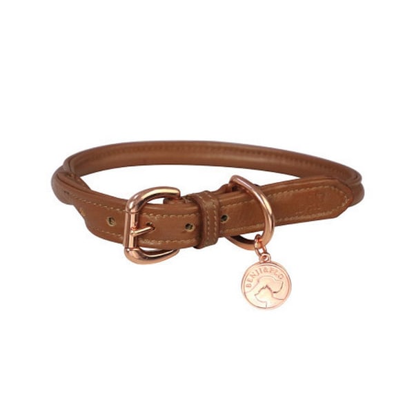 Benji & Flo Superior Läder Hundhalsband XS - Längd: 21cm-34cm T Tan/Rose Gold XS- Length: 21cm-34cm
