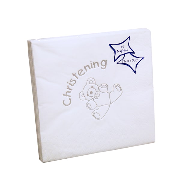 NPK Christening Teddy Design Foil Printed Servetter (Förpackning om 15) White/Silver One Size