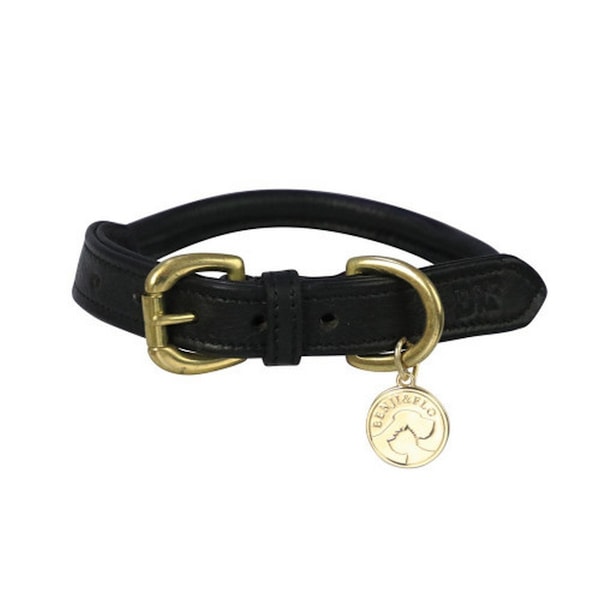 Benji & Flo Superior Läder Hundhalsband Stor - Längd: 41cm-56cm Black/Brass Large- Length: 41cm-56cm