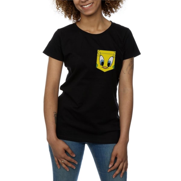 Looney Tunes Dam/Damer Tweety Pie Face Faux Pocket Bomull T-shirt Black M