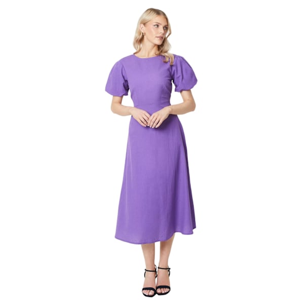 Principles Dam/Dam Linen Blend Puff Sleeve Midi Klänning 16 Purple 16 UK