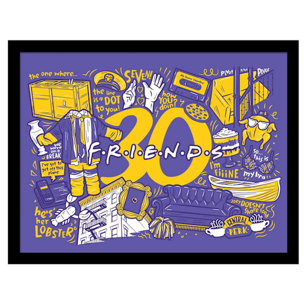 Friends 30 år Infografisk inramad affisch 45cm x 35cm Lila/Gul Purple/Yellow 45cm x 35cm