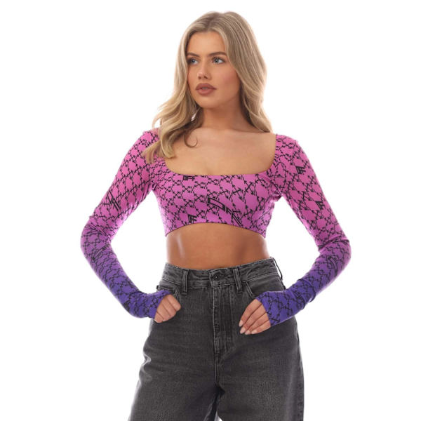 Off White Dam/Dam Monogram Långärmad Crop Top 10 UK Pi Pink/Blue 10 UK