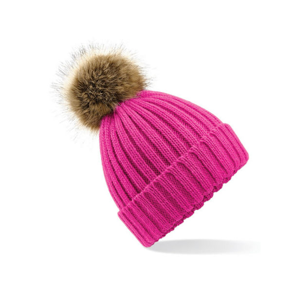 Beechfield Pom Pom Faux Fur Chunky Knit Beanie One Size Fuchsia Fuchsia One Size