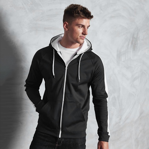 AWDis Just Hoods Herr Kontrast Sports Polyester Full Zip Hoodie Jet Black/Arctic White 3XL