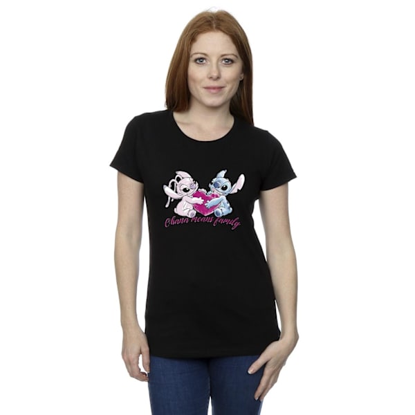 Disney Dam/Kvinnor Lilo Och Stitch Ohana Hjärta Med Angel Bomull T-shirt Black S