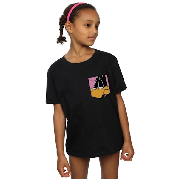 Looney Tunes Girls Daffy Duck Face Faux Pocket Bomull T-Shirt 9 Black 9-11 Years