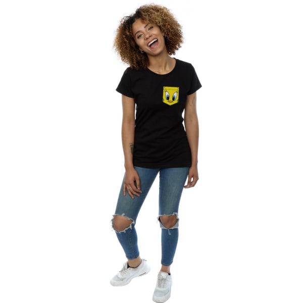 Looney Tunes Dam/Damer Tweety Pie Face Faux Pocket Bomull T-shirt Black L