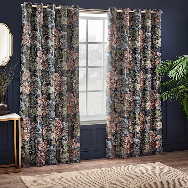 Wylder Woodlands Jacquard Blommiga Öglettgardiner 229cm x 137cm Navy 229cm x 137cm