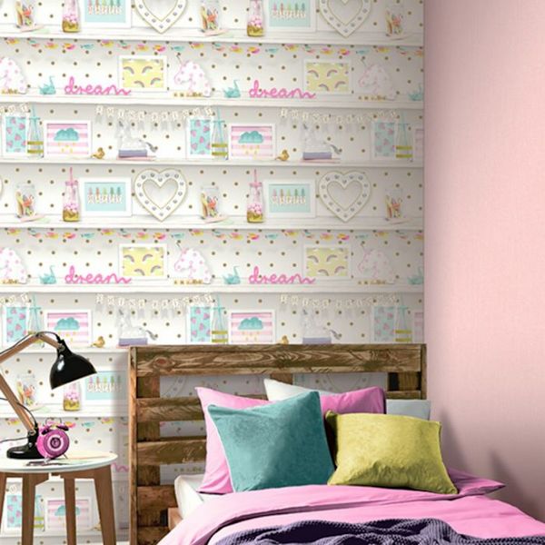 Arthouse Girls Life Bokhylla Tapet 10m x 53cm Vit/Guld/Rosa White/Gold/Pink 10m x 53cm