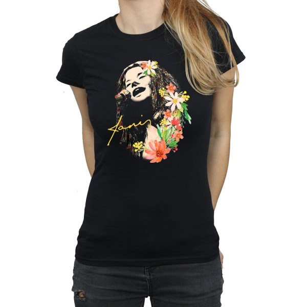 Janis Joplin Dam T-shirt i bomull med blommönster för kvinnor/damer XXL Svart Black XXL