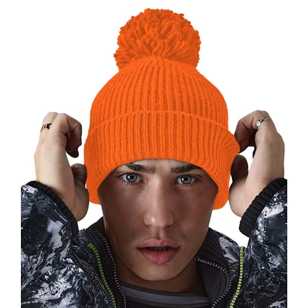 Beechfield Engineered Knit Ribbed Pom Pom Beanie One Size Orang Orange One Size