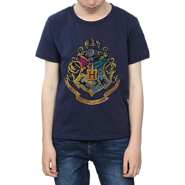 Harry Potter Pojkar Hogwarts Crest Bomull T-shirt 7-8 År Marinblå Navy Blue 7-8 Years
