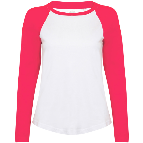Skinnifit Dam/Damer Långärmad Baseball T-Shirt XL Vit / White / Hot Pink XL