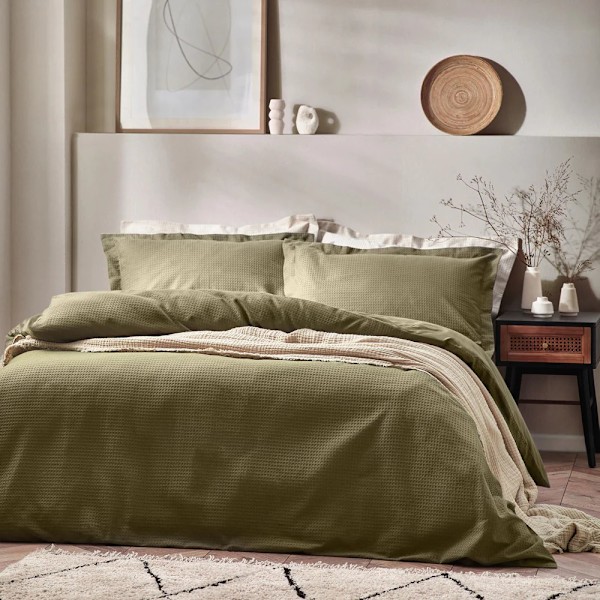 Yard Waffle Textured Påslakan Set Enkelsäng Oliv Olive Single