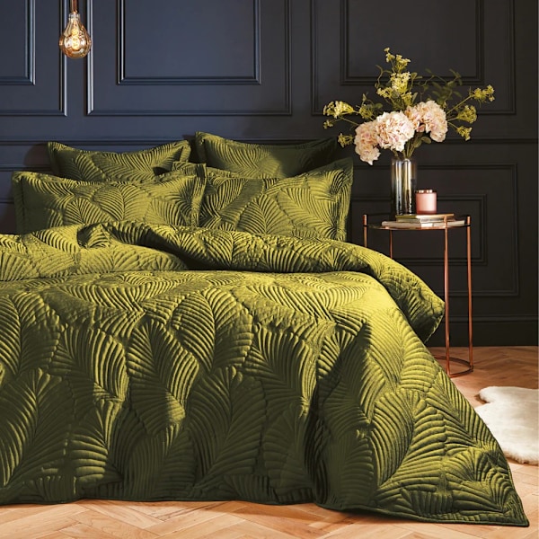 Paoletti Palmeria Velvet Quilted Duvet Cover Set Single Moss Moss Single