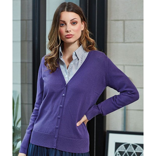 Premier Dam/Damer Knapp Genom Långärmad V-ringad Stickad Purple 8