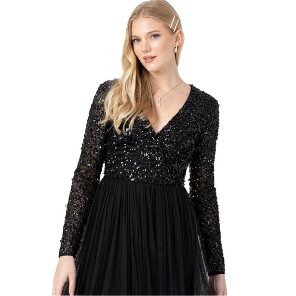 Maya Deluxe Dam Paljett V-ringad Långärmad Klänning 10 UK Black 10 UK