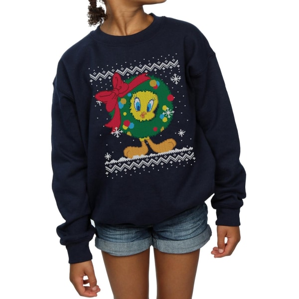 Looney Tunes Girls Tweety Pie Christmas Fair Isle Sweatshirt 7- Navy Blue 7-8 Years