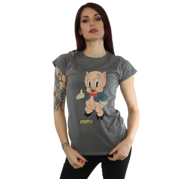 Looney Tunes Dam/Damer Porky Pig Distressed Bomull T-shirt Charcoal L