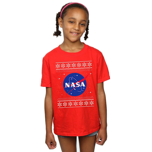 NASA Girls Classic Fair Isle Bomull T-shirt 9-11 år Röd Red 9-11 Years